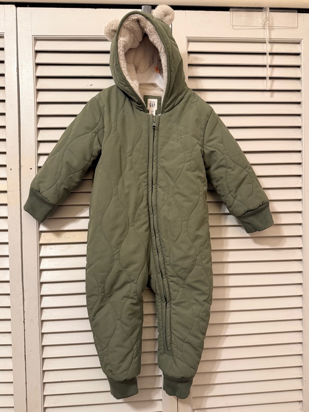 GAP Olive Green Quilted Hooded One-Piece 12-18m Puffer Bunting with Bear Ears